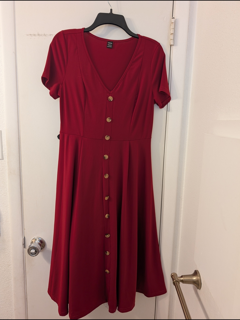 SHEIN Red Button-Front V-Neck Midi Dress